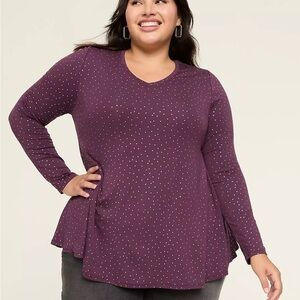 Women's Swing Metallic Plum Polka Dot Top NWT